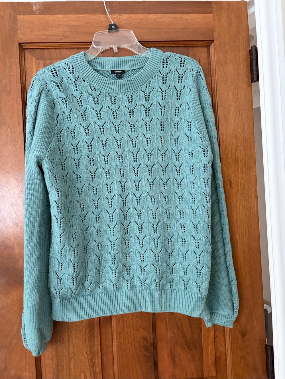 Express Teal Openwork Crewneck Sweater